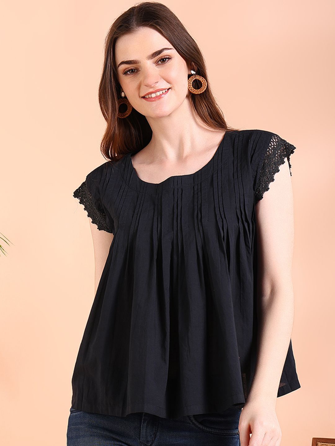 

Maaesa Women Round Neck Cotton Regular Top, Black