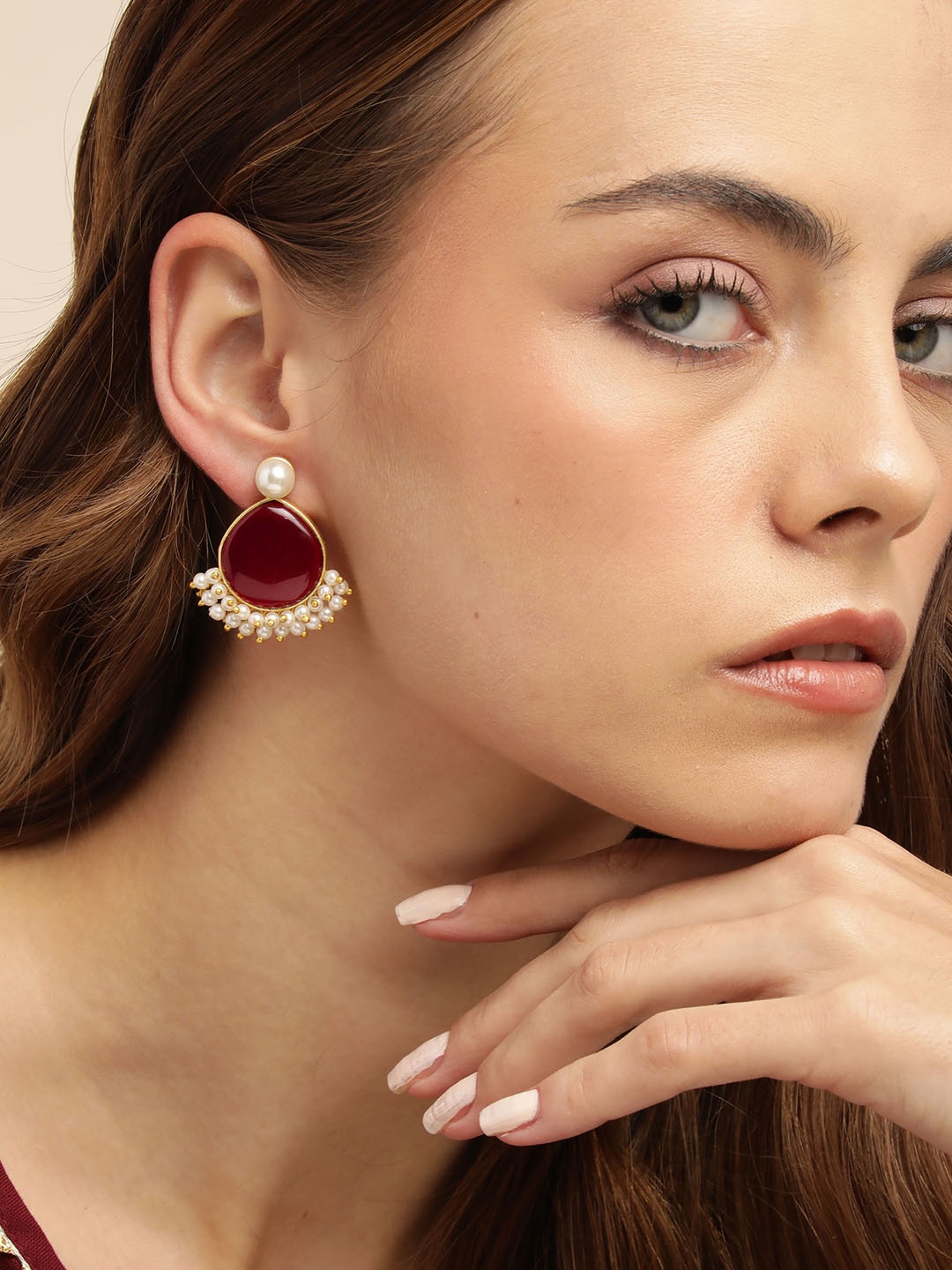 

Anouk Gold Plated Beaded Teardrop Shaped Drop Earrings, Maroon