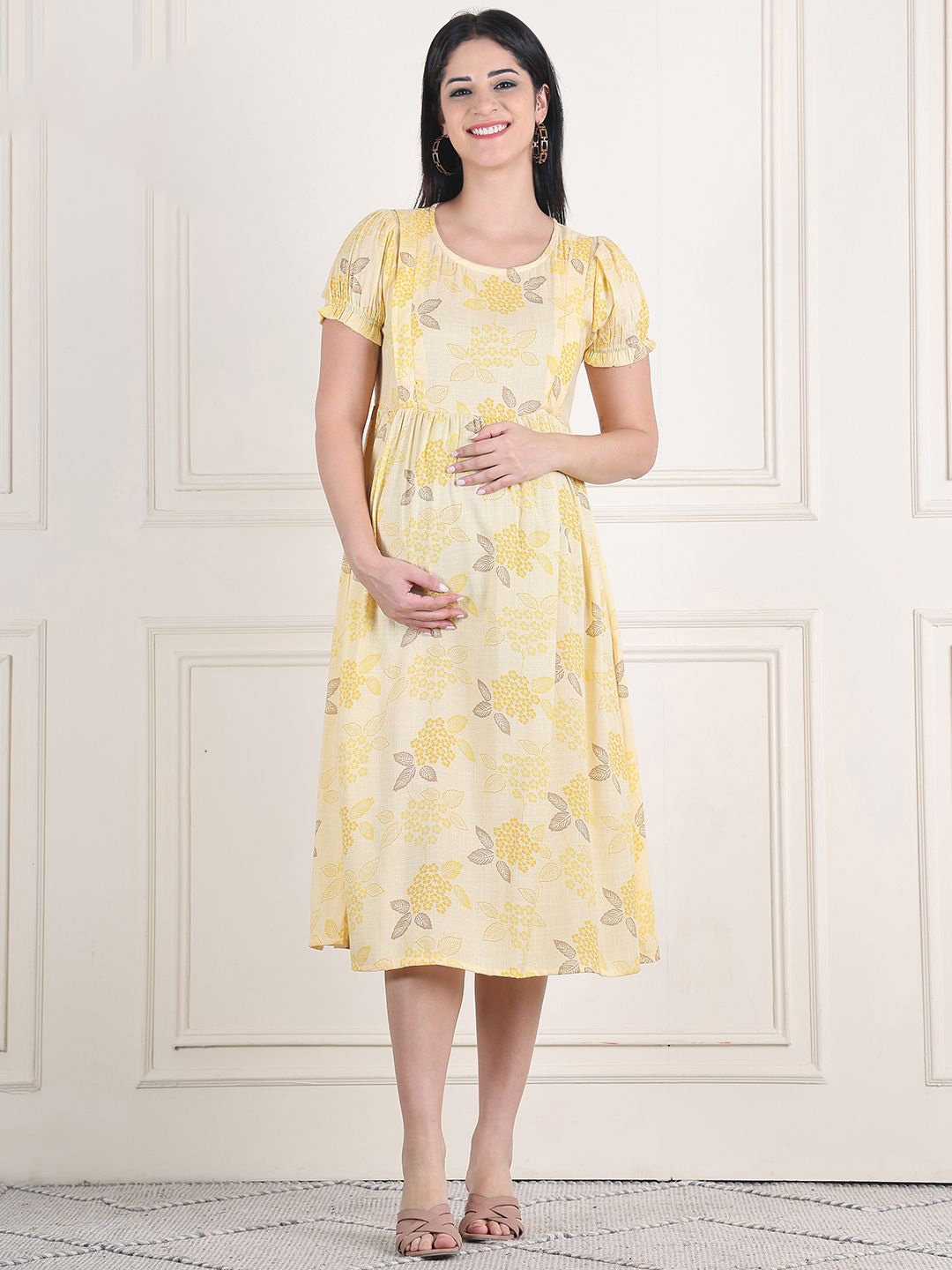 

Moms Maternity Women Cotton Floral Printed Puff Sleeved Fit & Flare Midi Dress, Yellow