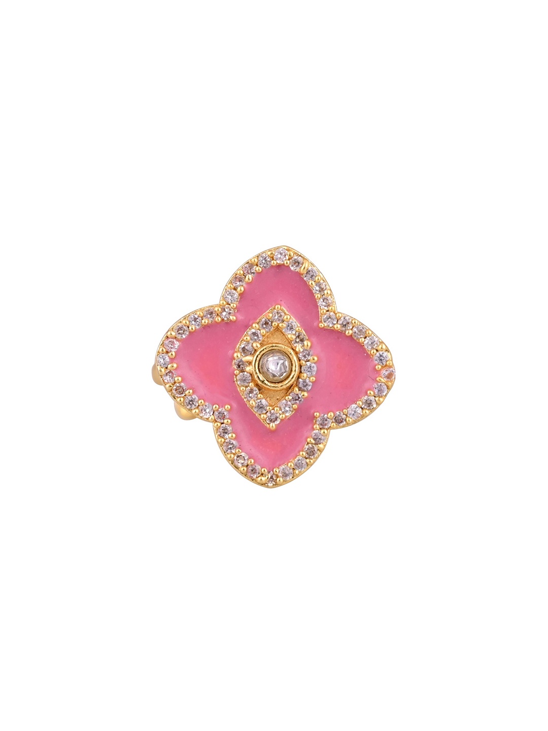 

House of Pataudi Gold-Plated Enamelled Cubic Zirconia Studded Anti-Tarnish Finger Ring