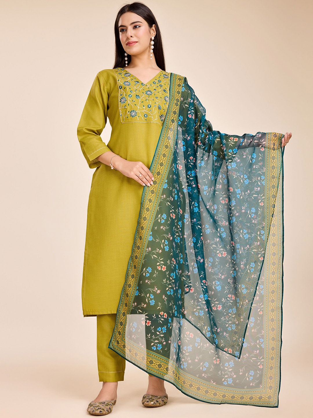 

Mesqlu Women Floral Embroidered Regular Sequinned Kurta with Trousers & With Dupatta, Yellow