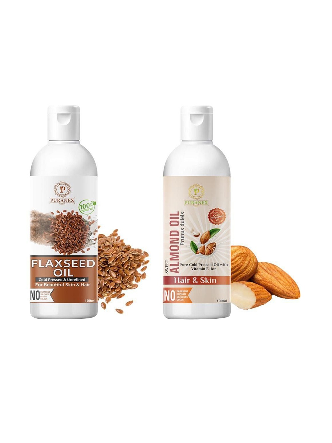 

Puranex Set Of 2 Flax Seed Oil & Almond Hair & Skin Oils - 100 ml Each, Transparent