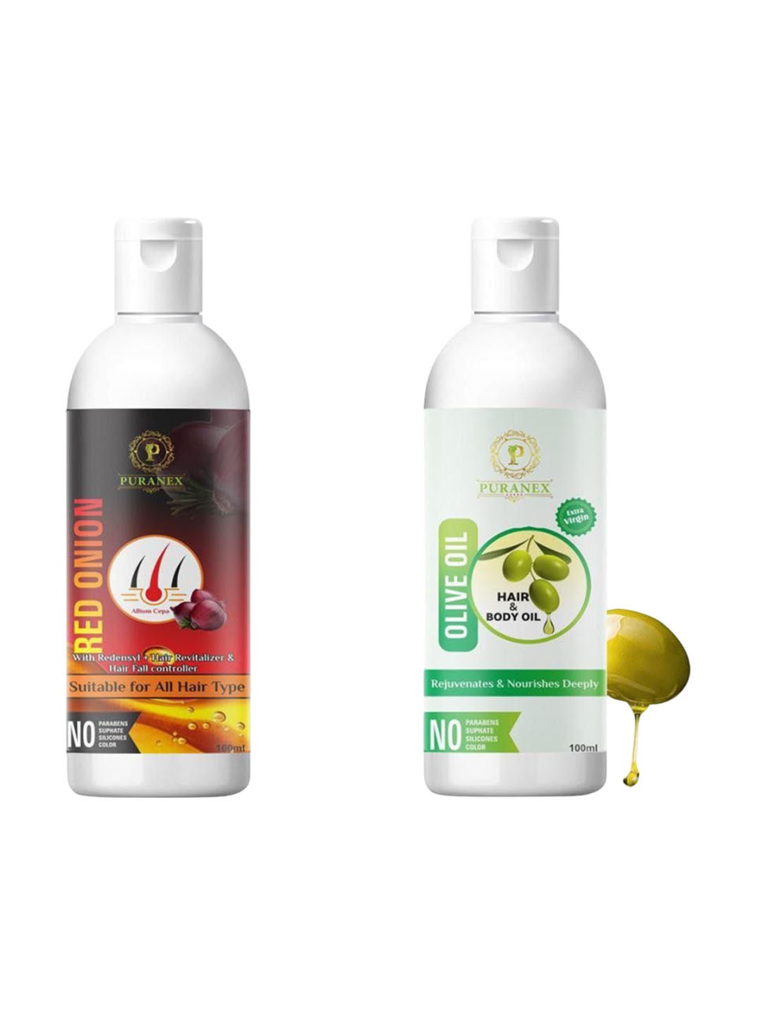 

Puranex Set Of 2 100% Natural & Pure Red Onion & Olive Oil For Skin & Hair- 100 ml Each, Transparent