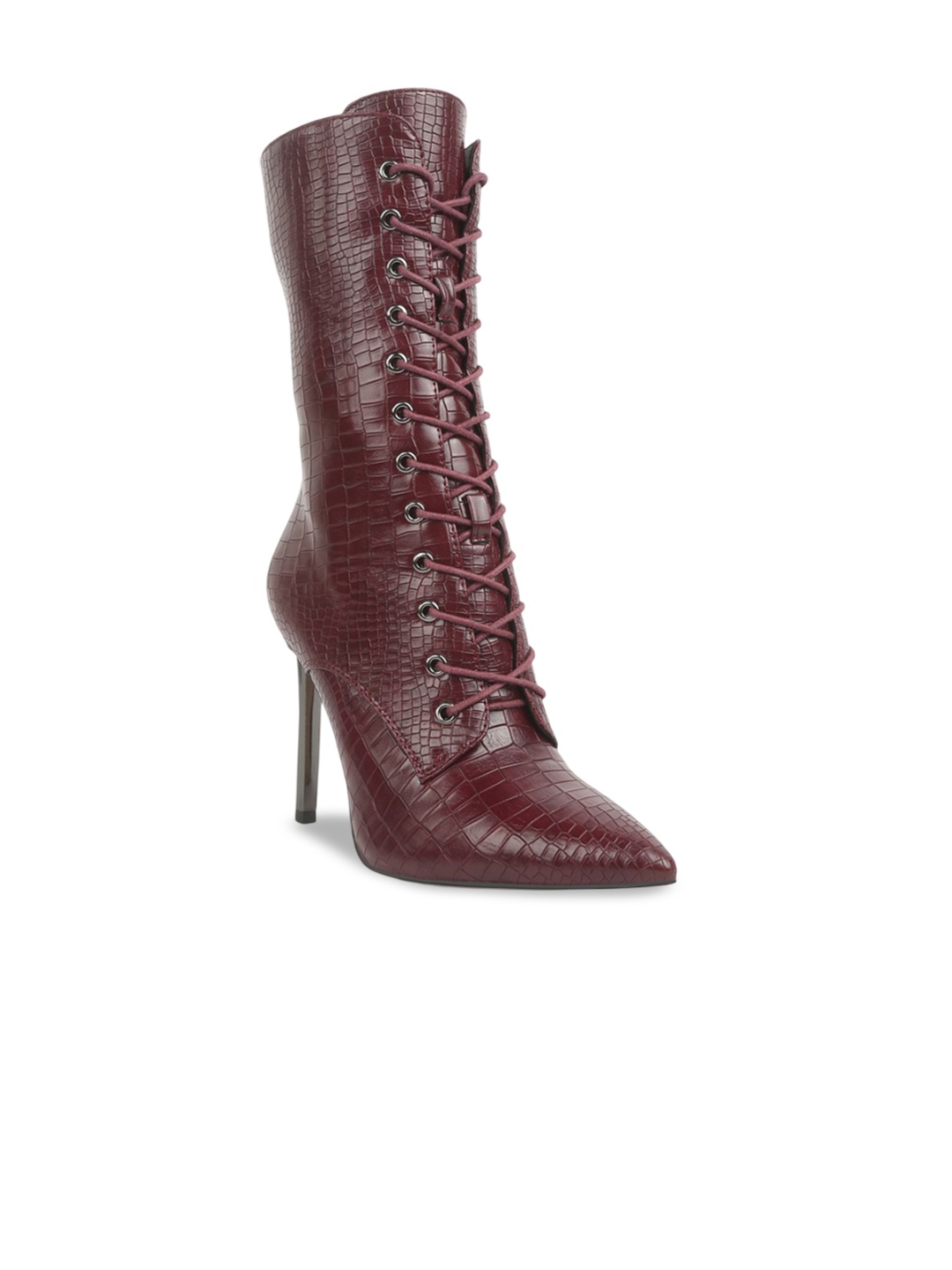 

London Rag Women Textured Pointed Toe Lace-Ups Stiletto-Heeled Boots, Burgundy