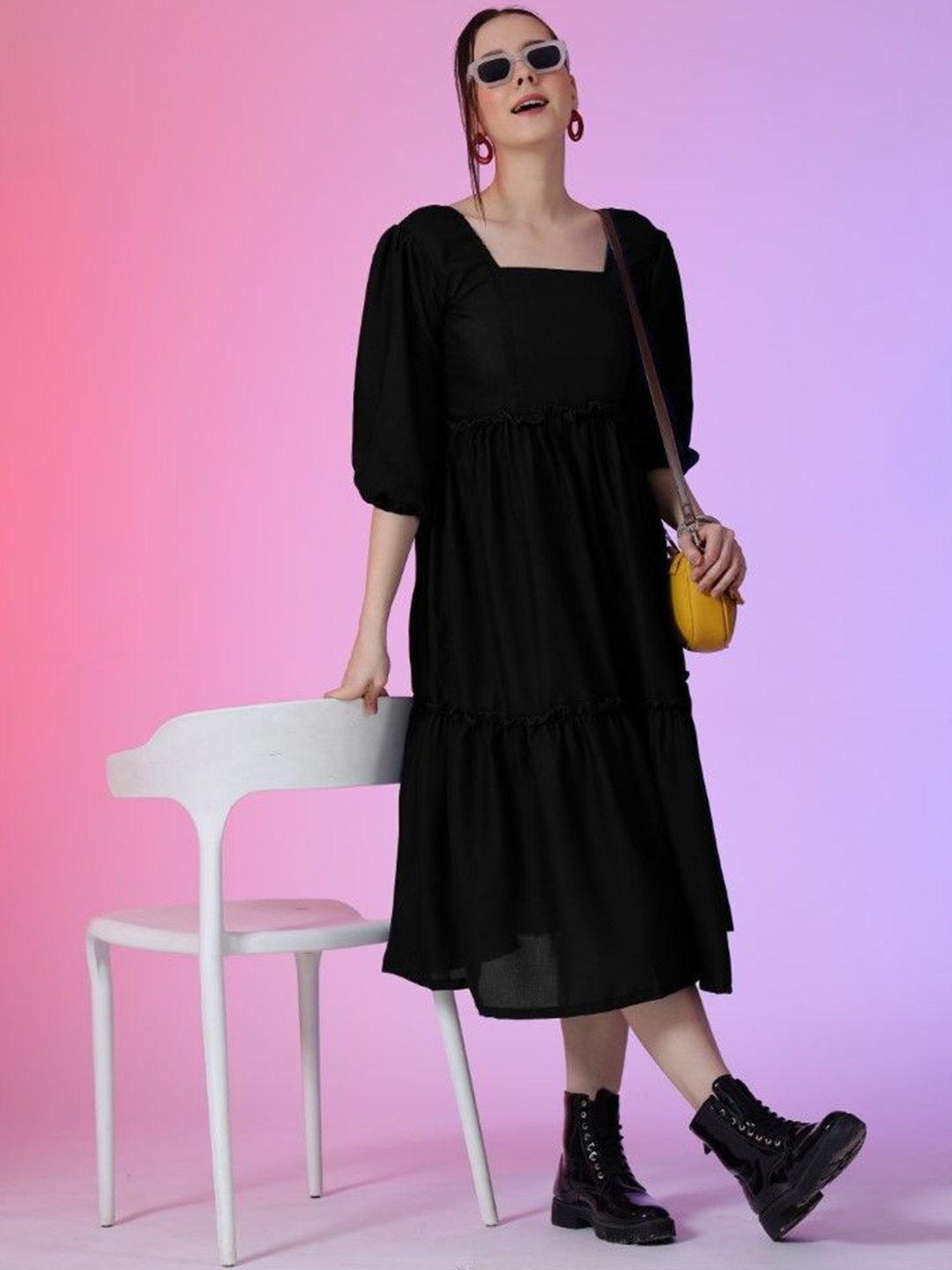 

Femvy Women Square Neck Tiered Fit & Flare Dress, Black