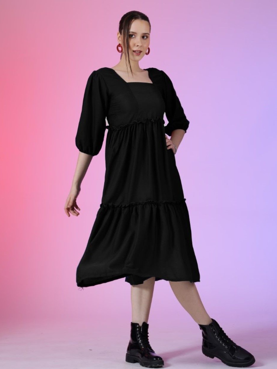 

Raiyani Enterprise Women Puff Sleeves Fit & Flare Dress, Black