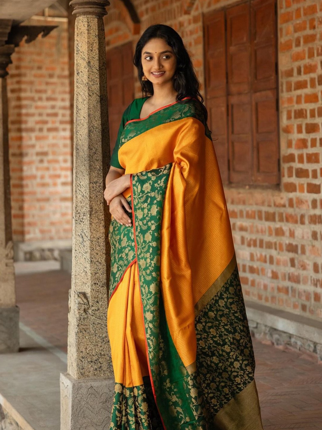 

LADY SHOPI Woven Design Zari Pure Silk Festive Wear Saree, Yellow
