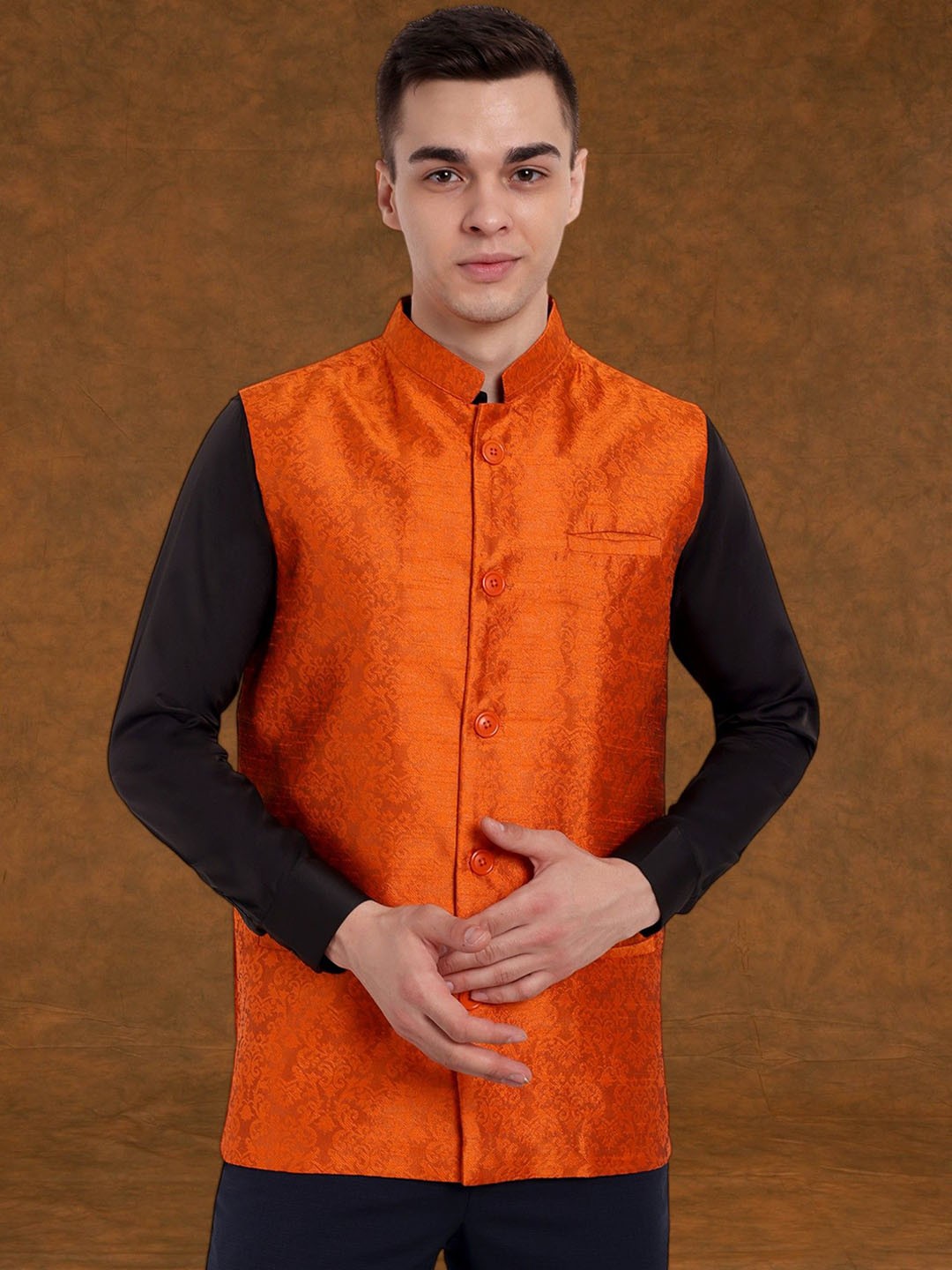 

SKAVIJ Men Printed Woven Nehru Jacket, Orange