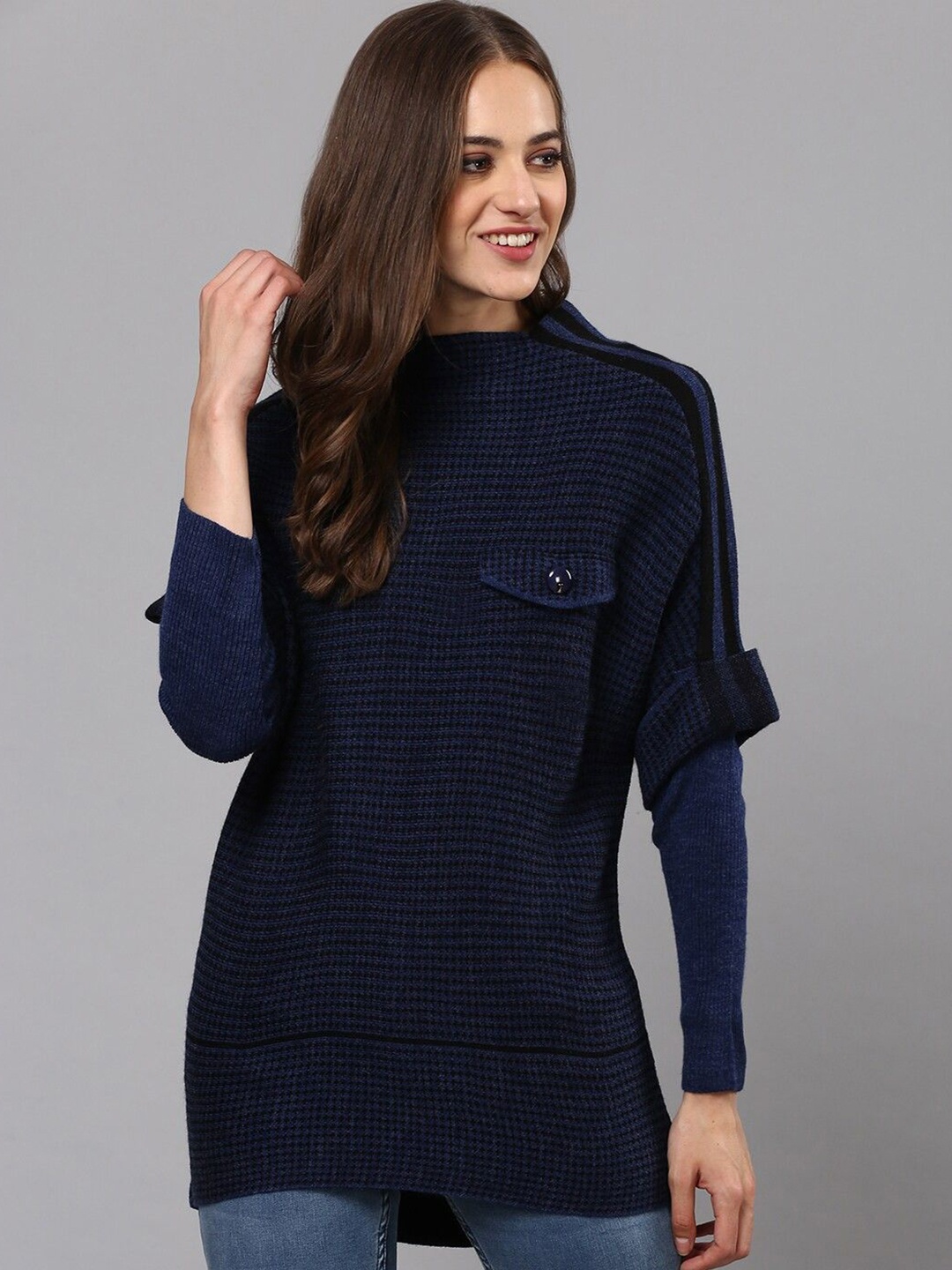 

Campus Sutra Women Self Design Open Knit Pullover, Blue
