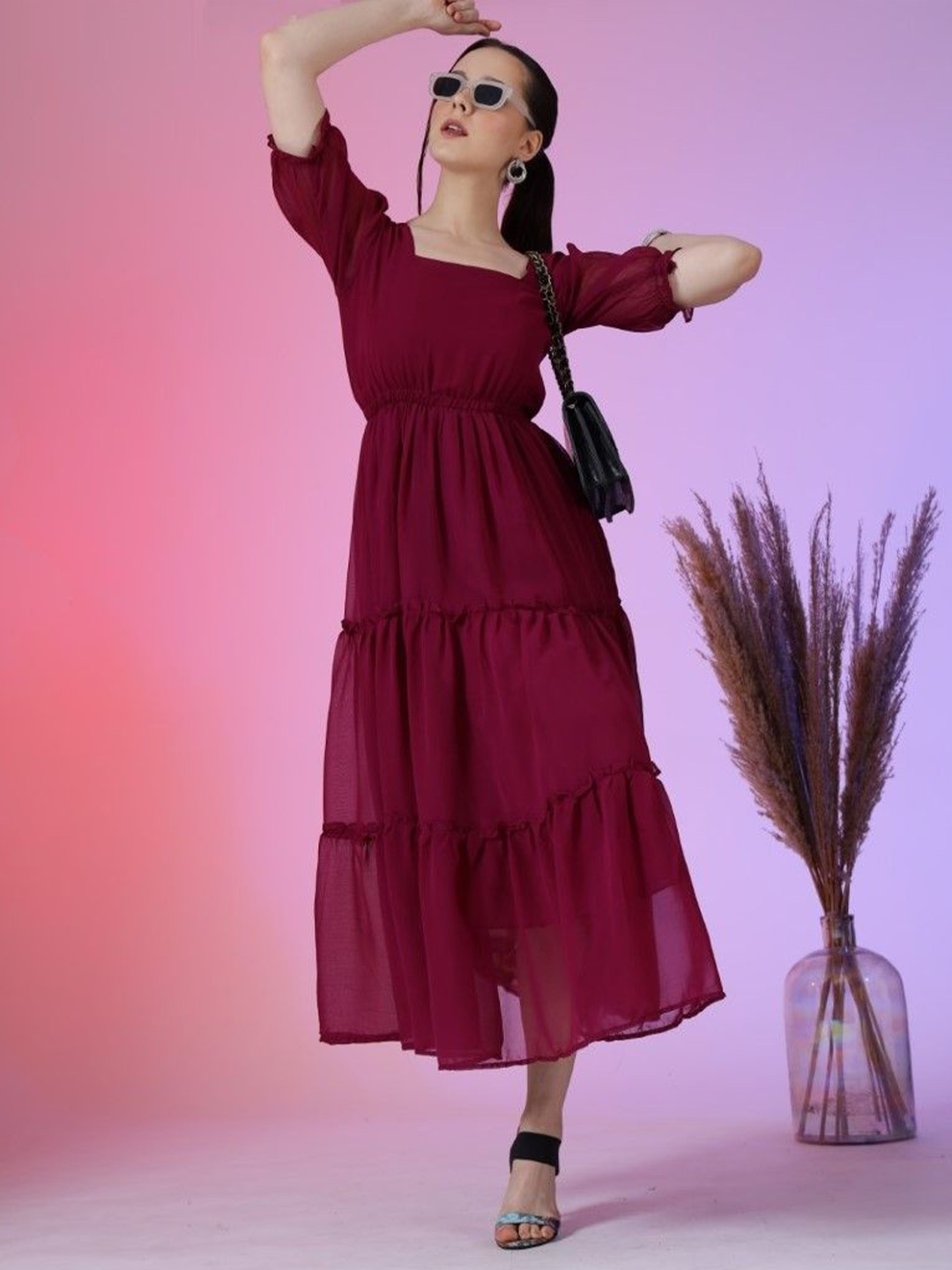 

Femvy Women Puff Sleeve Tiered Fit & Flare Maxi Dress, Magenta