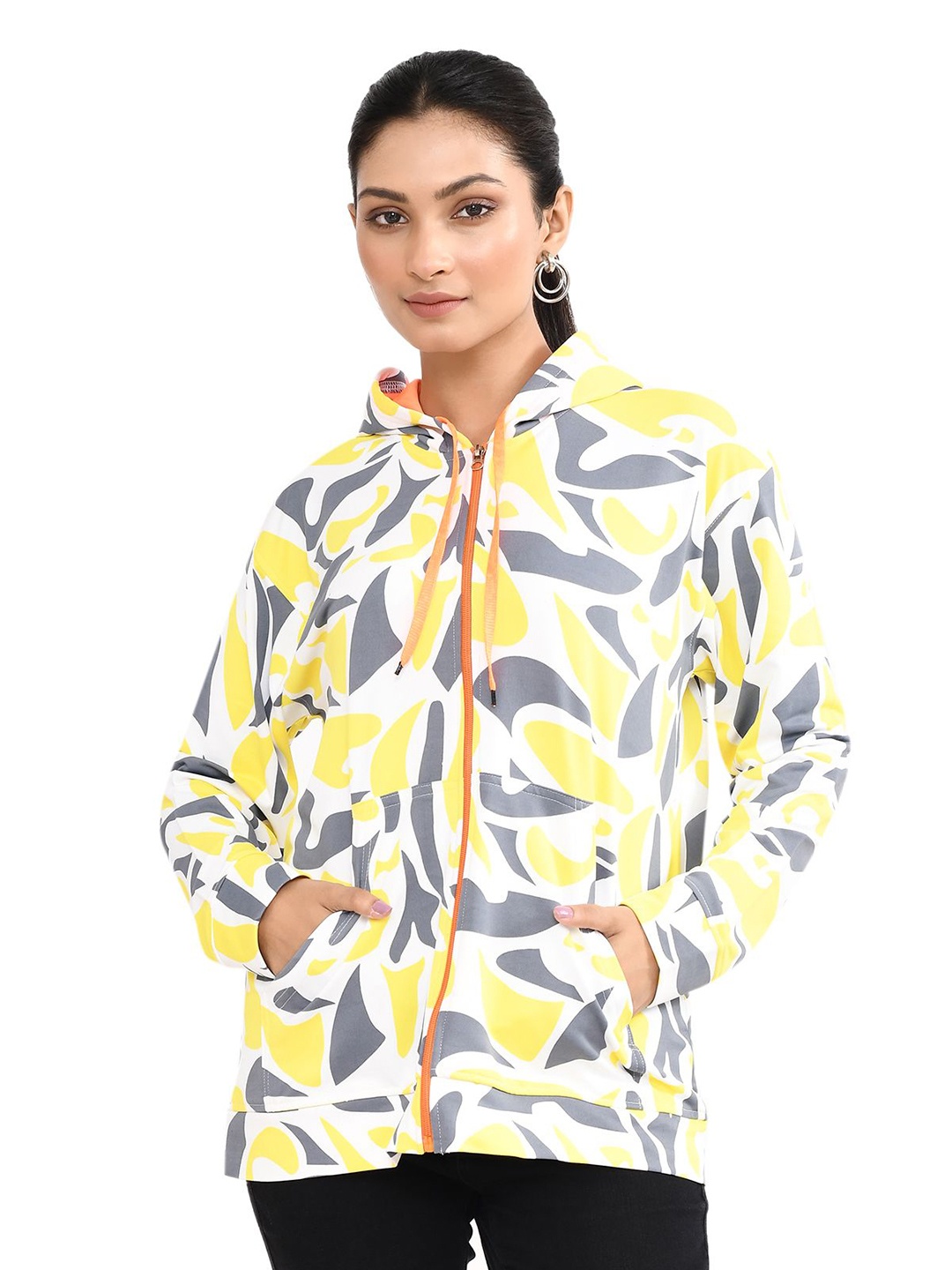 

RAPL Women Cotton Printed Hooded Sweatshirt, Yellow
