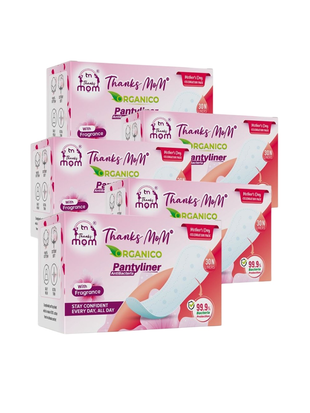 

THANKS MOM Set Of 5 Organio Panty Liners - 30Pcs Each, White
