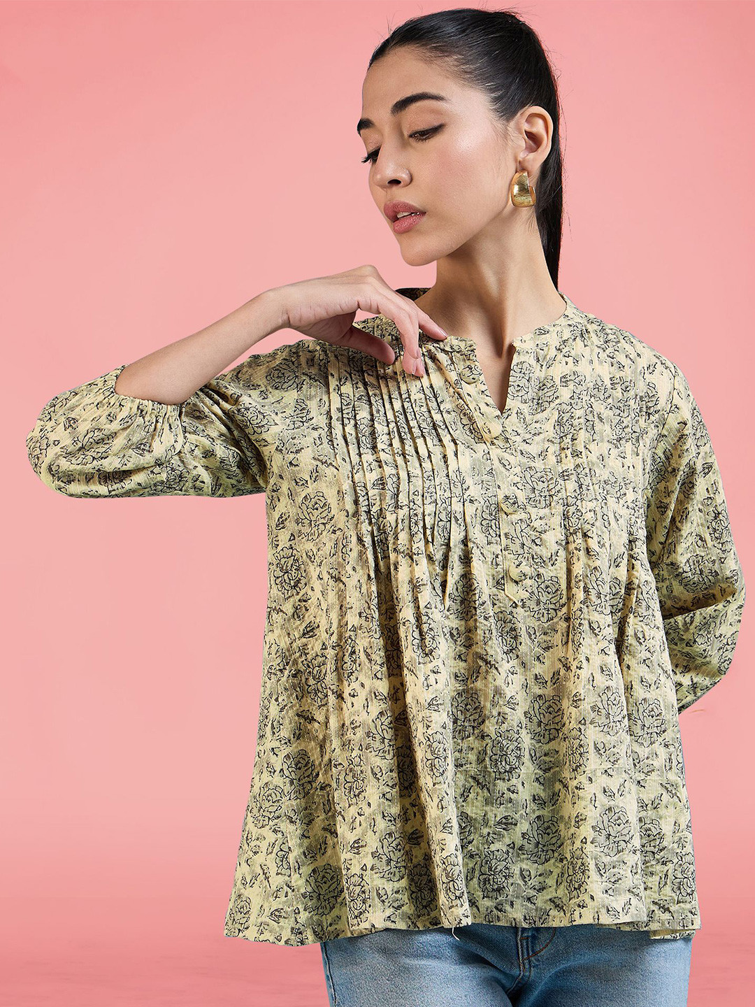 

Winza Designer Women Floral Print Mandarin Collar Cotton Top, Beige