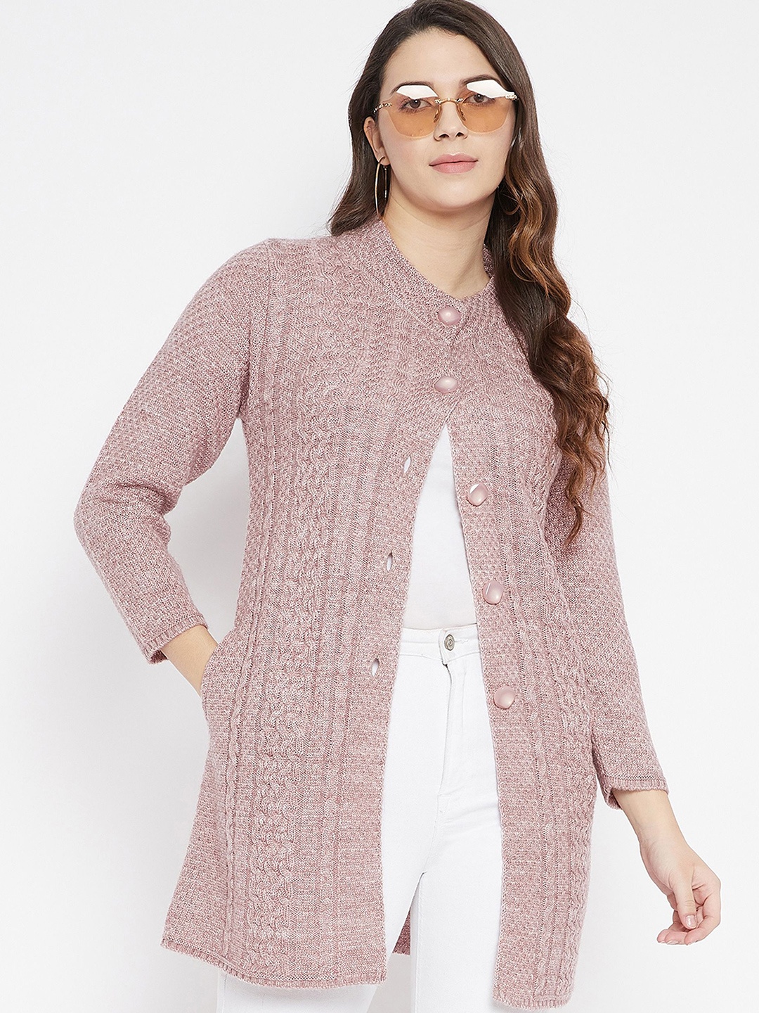 

Zigo Women Cable Knit Self Design Longline Cardigan, Mauve