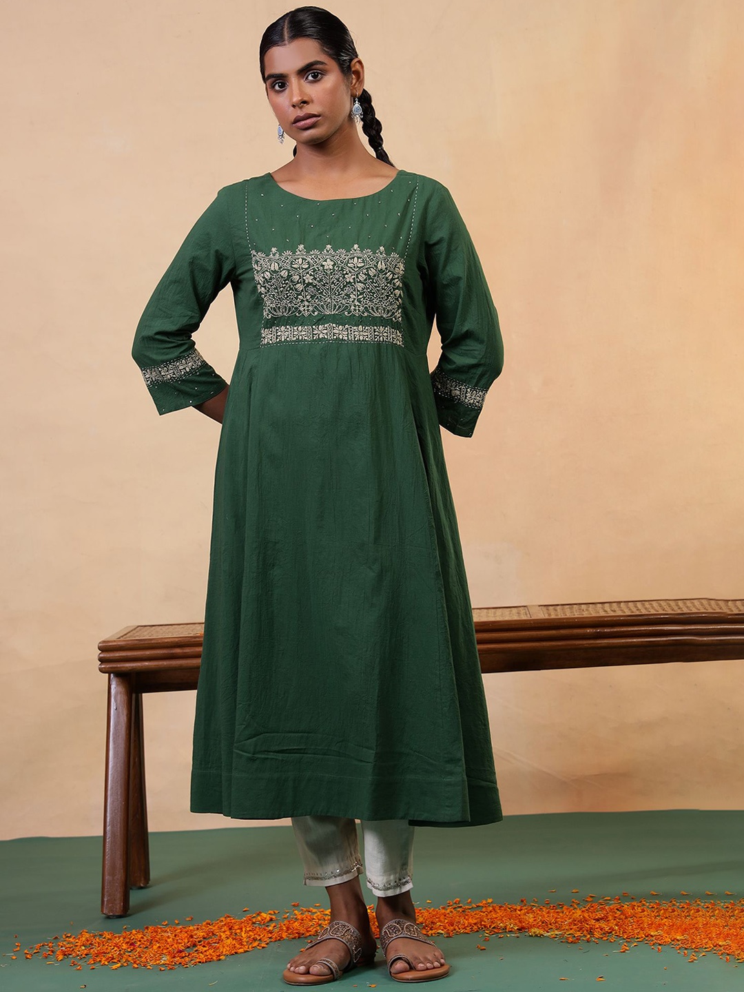 

Folk Song Women Embroidered Chikankari Anarkali Kurta, Green