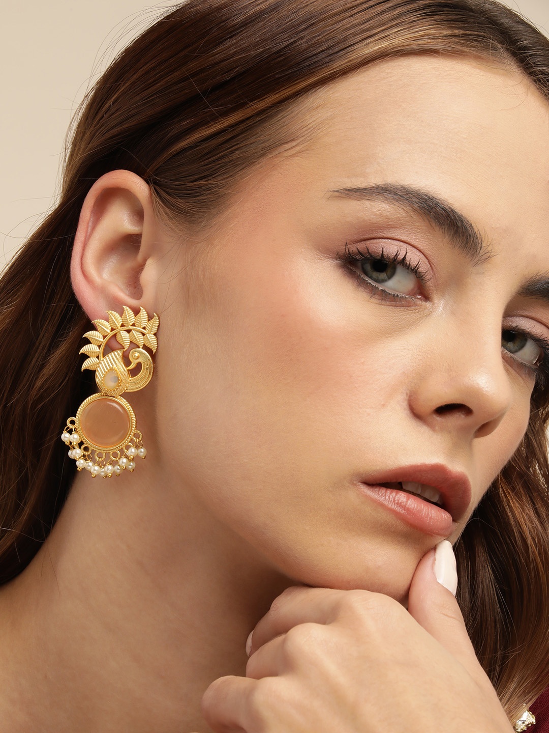

Anouk Gold-Plated Beaded Peacock Shaped Drop Earrings, Peach