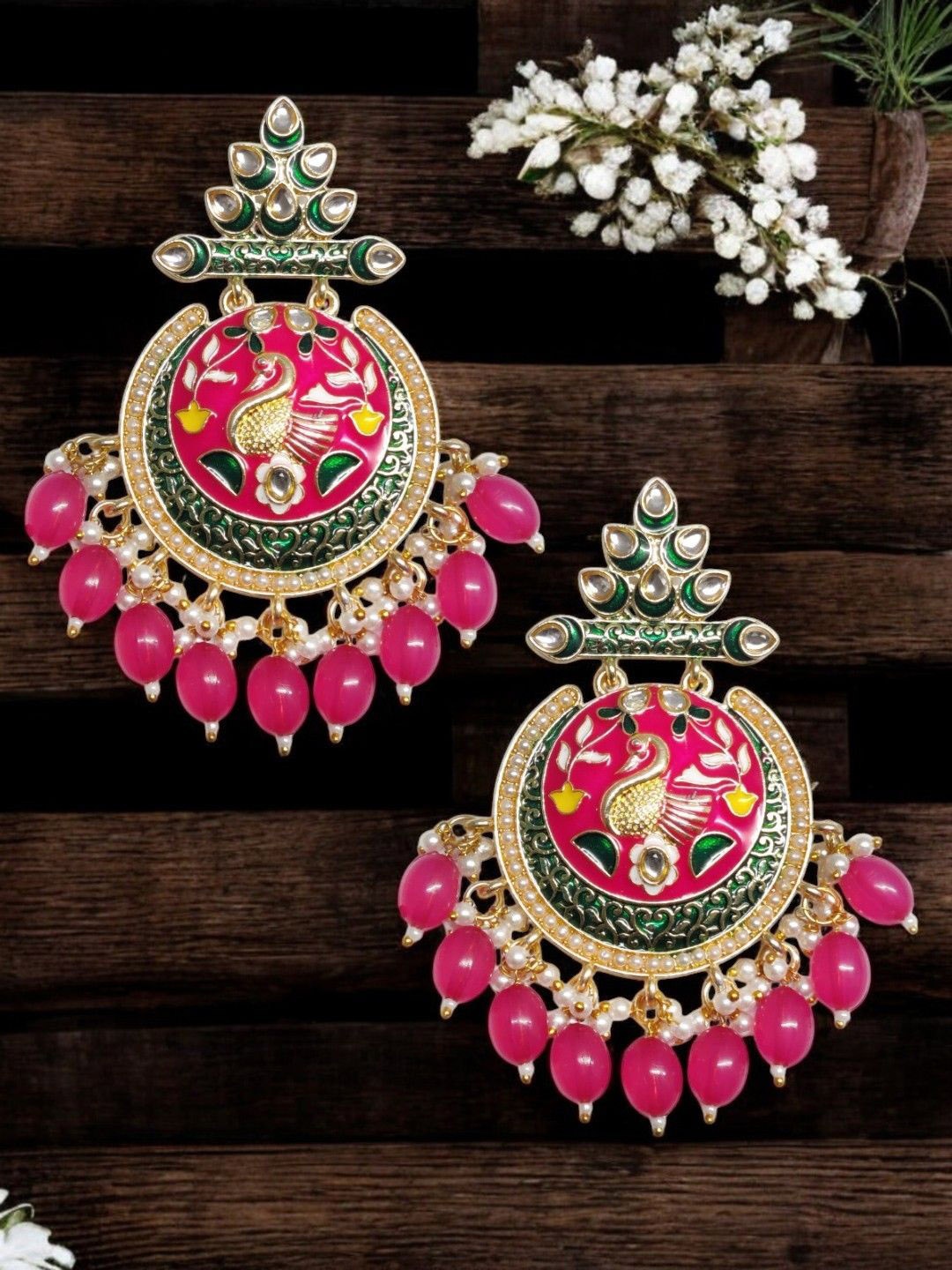 

OOMPH Peacock Shaped Drop Earrings, Pink