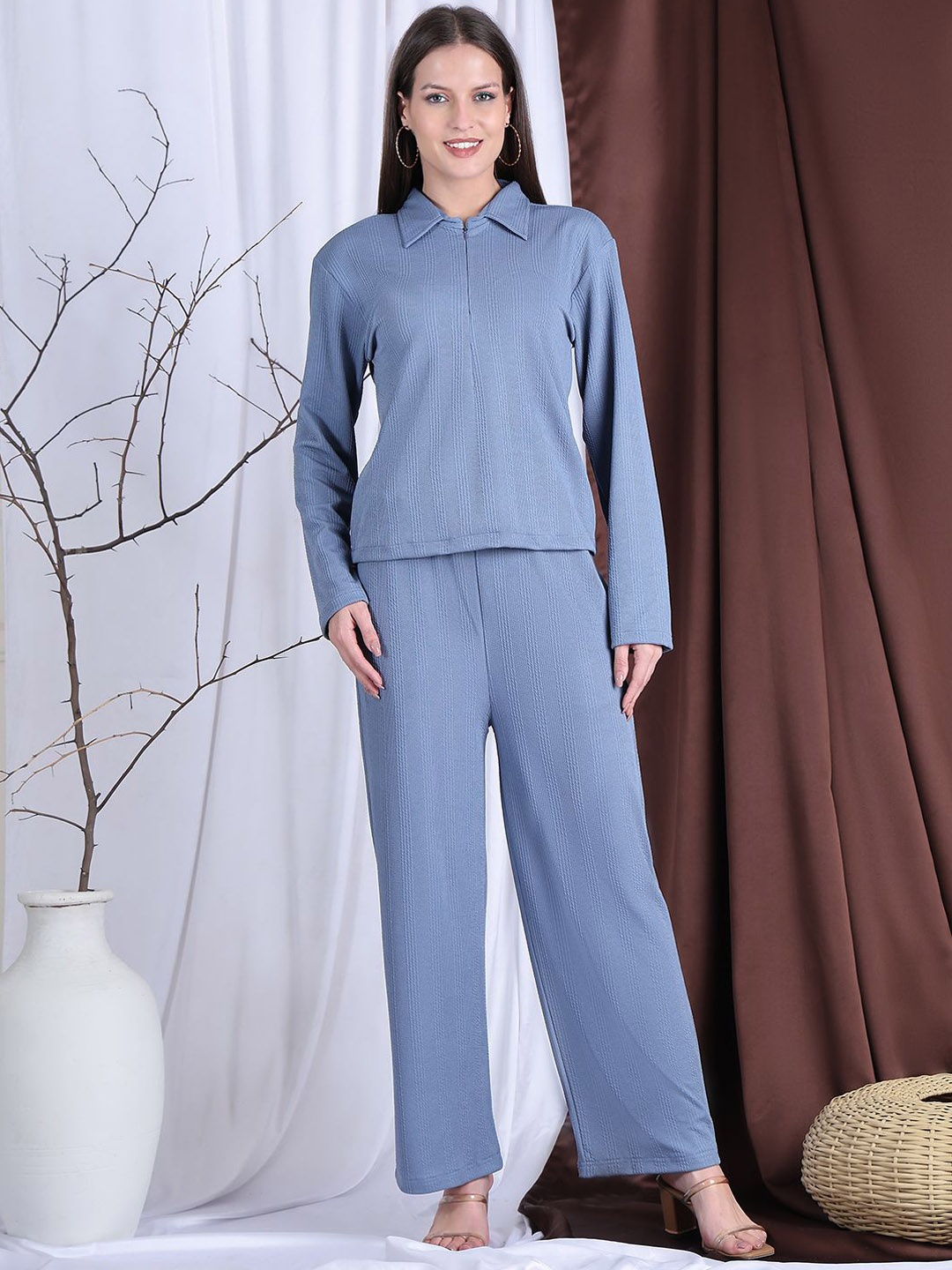 

NEUDIS Self Design Shirt Collar Long Sleeves Top & Trouser, Blue