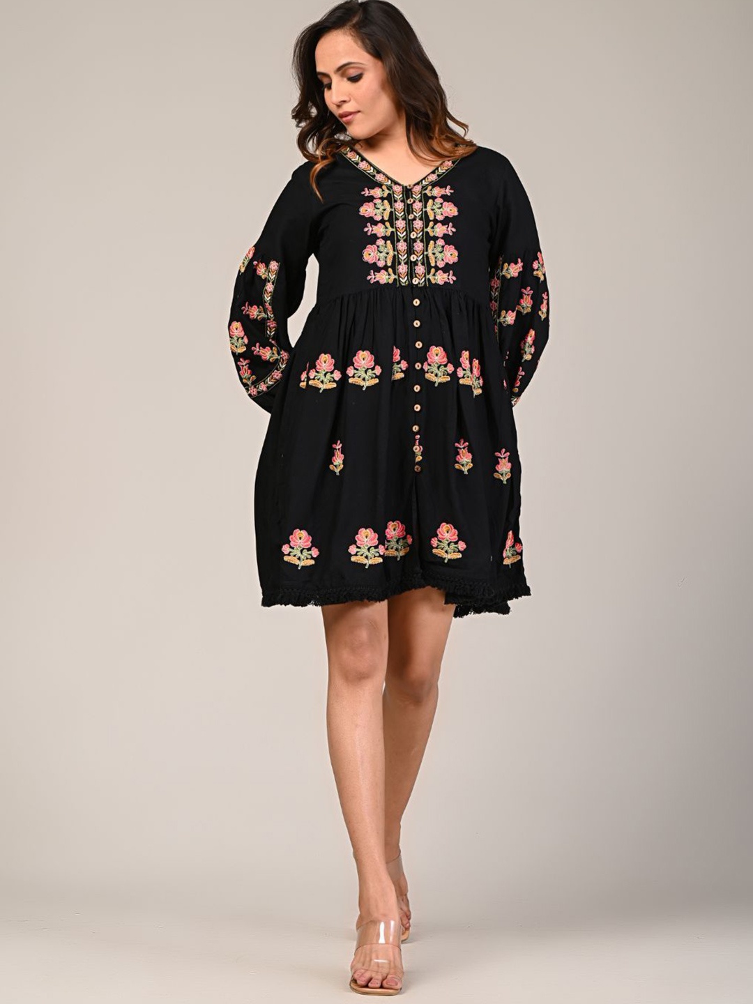 

Zolo Label Women Floral Embroidered Cotton Fit & Flare Dress, Black