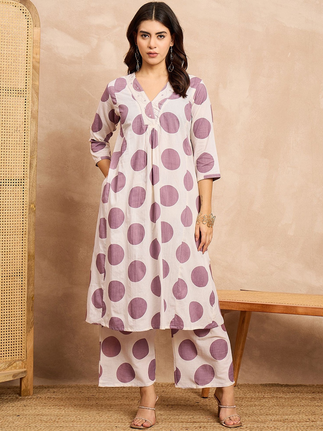 

all about you Polka Dot Printed A-Line Tunic with Palazzos Co-Ords, Off white