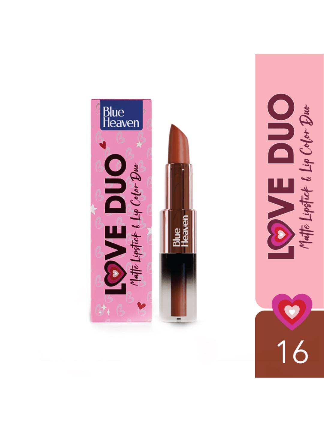 

Blue Heaven Love Duo 2-in-1 Dual-Sided Matte Lipstick & Lip Colour 1.5ml + 4g - Shade 16, Brown