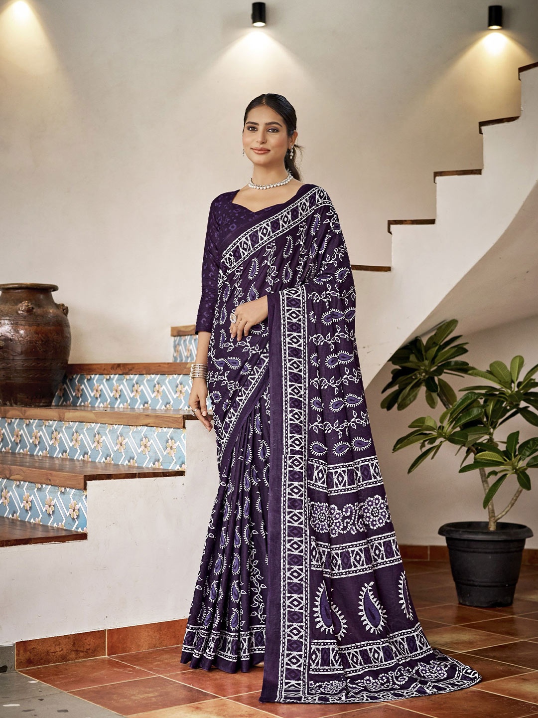 

Chandbaali Pure Cotton Ajrak Printed Bagru Saree, Purple