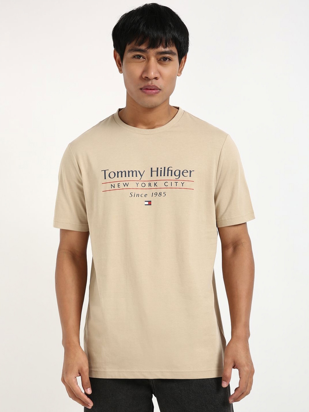 

Tommy Hilfiger Men Typography Printed Round Neck Cotton T-shirt, Beige