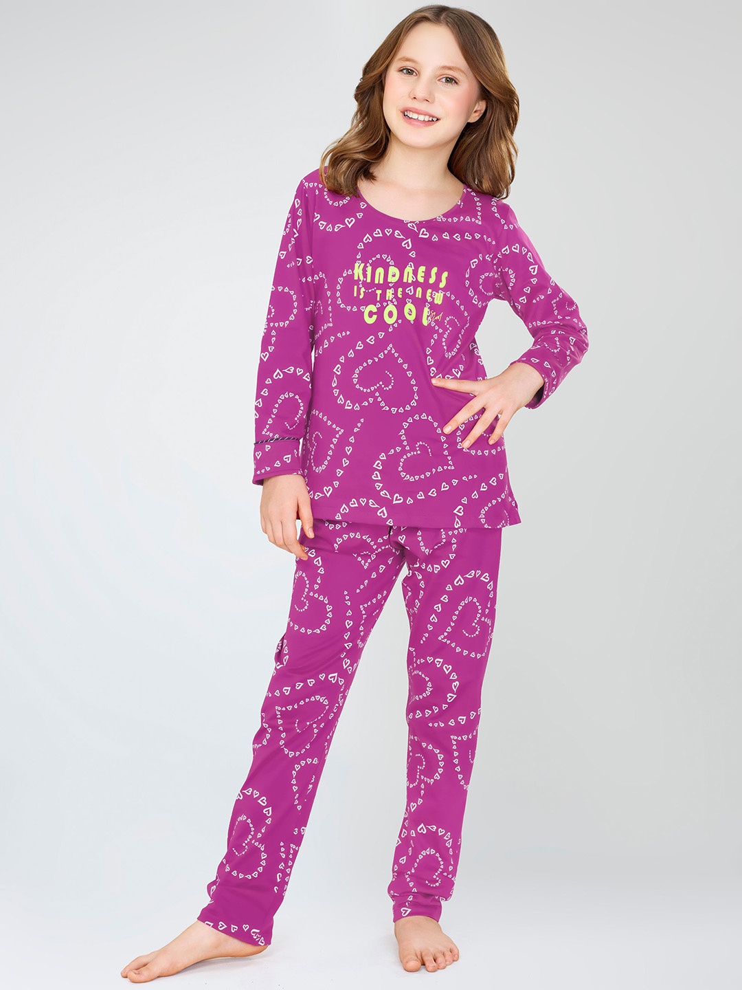 

Zeyo Girls Printed Pure Cotton Top & Pyjama Night suit, Purple