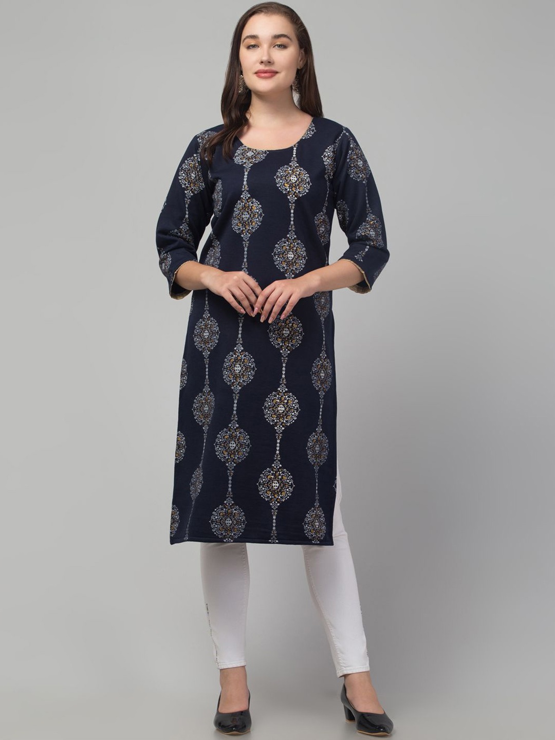 

Trend Level Women Printed Woollen Kurta, Navy blue