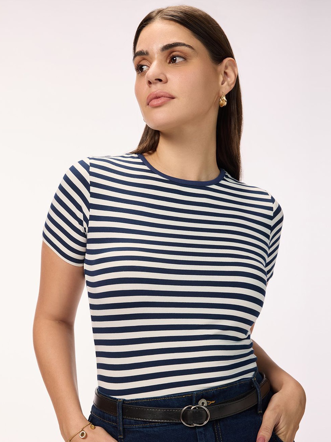 

Bombay High Women Horizontal Stripes Striped Regular Top, Navy blue