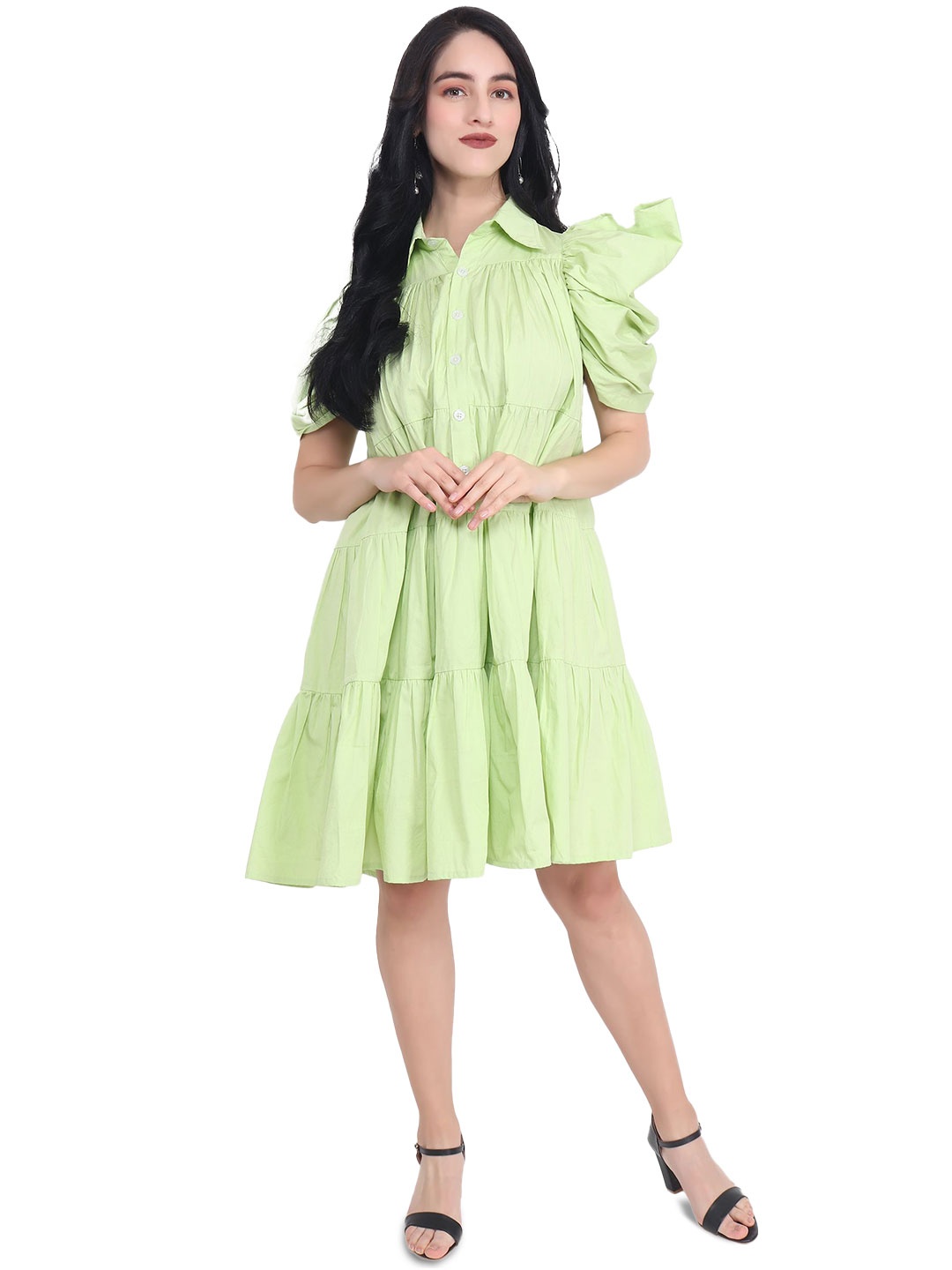 

AUDRAPE Women Shirt Collar Tiered Cotton A-Line Dress, Green