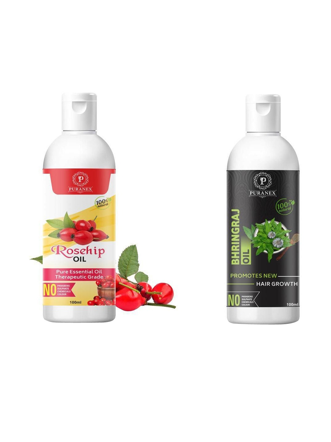 

Puranex Set Of 2 Rosehip Oil & Bhringraj Hair & Skin Oils- 100 ml Each, Transparent
