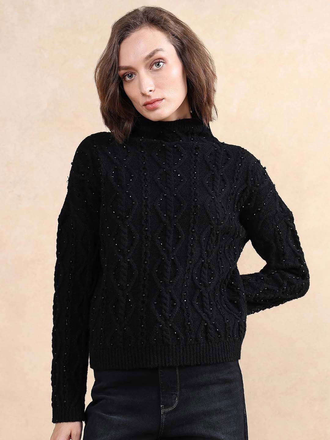 

RAREISM Women Turtle Neck Pullover Sweater, Black