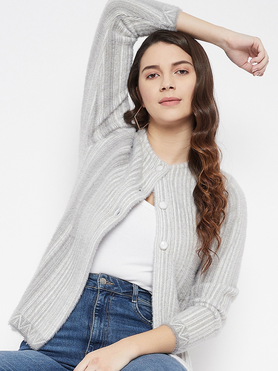

Zigo Women Striped Woollen Cardigan, Grey