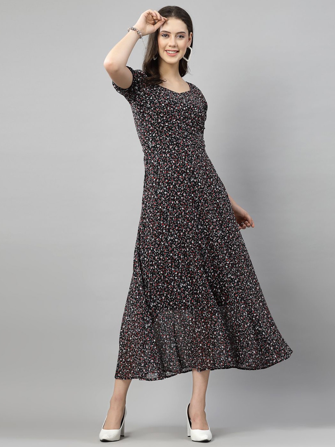 

BAESD Floral Printed Puff Sleeve Georgette Fit & Flare Midi Dress, Black