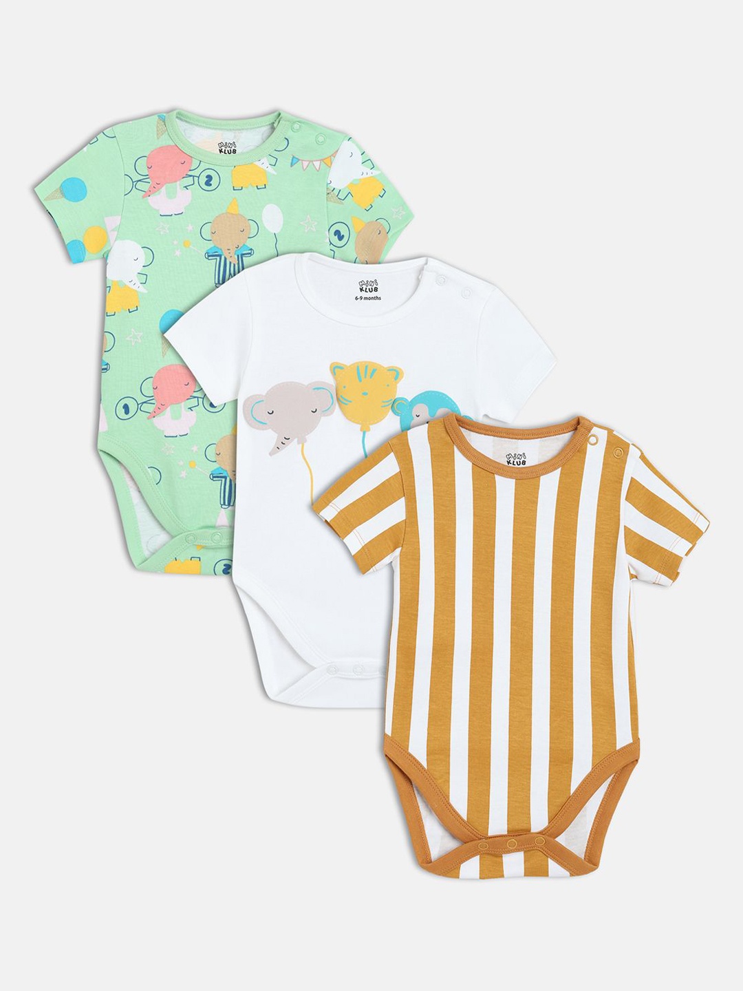 

MINI KLUB Boys Pack Of 3 Printed Pure Cotton Bodysuit, Coffee brown