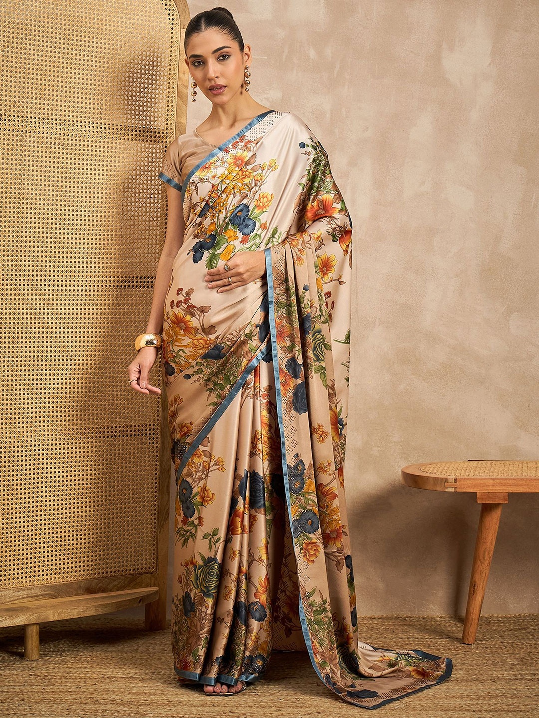 

all about you Floral Printed Beads and Stones Satin Saree, Beige