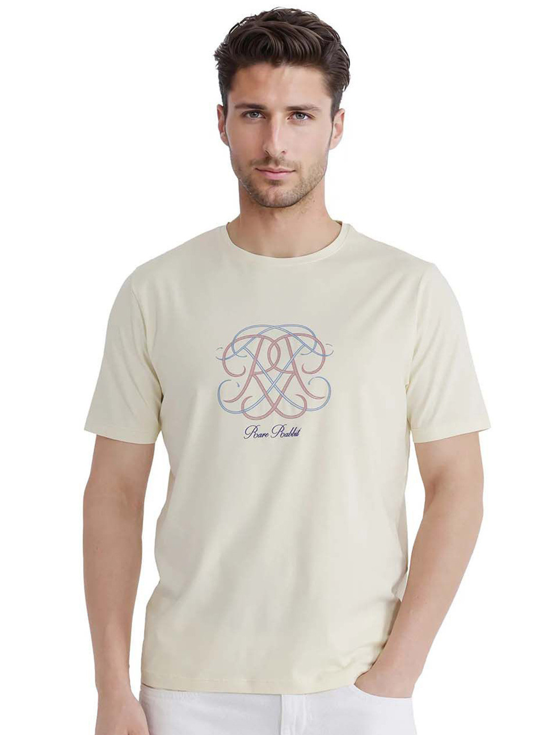 

RARE RABBIT Men Typography Printed Round Neck Cotton T-shirt, Cream