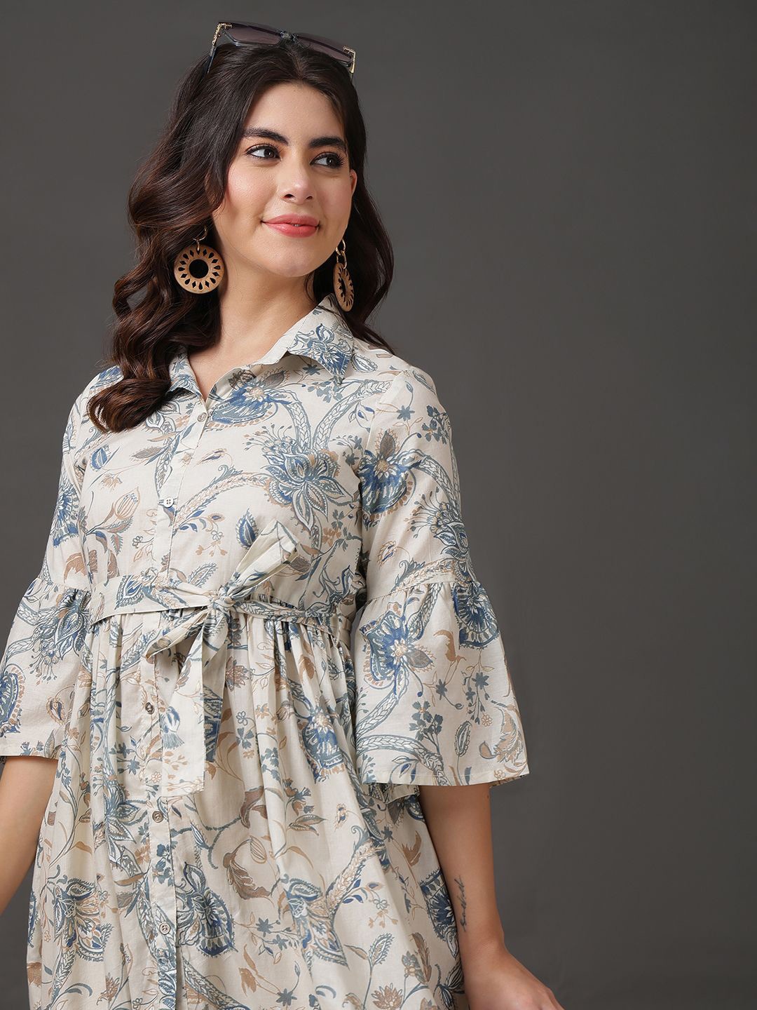 

Anouk Women Cotton Floral Printed Bell Sleeves Shirt Dress With Belt, Off white