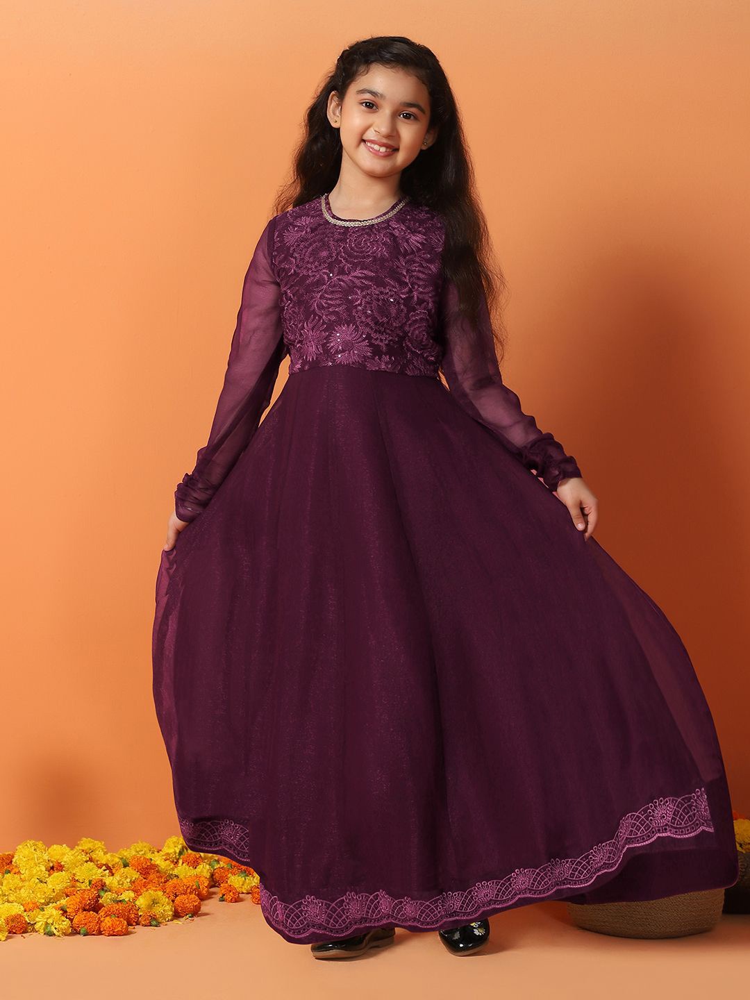 

BAESD Girls Floral Embroidered Fit & Flare Maxi Dress, Maroon