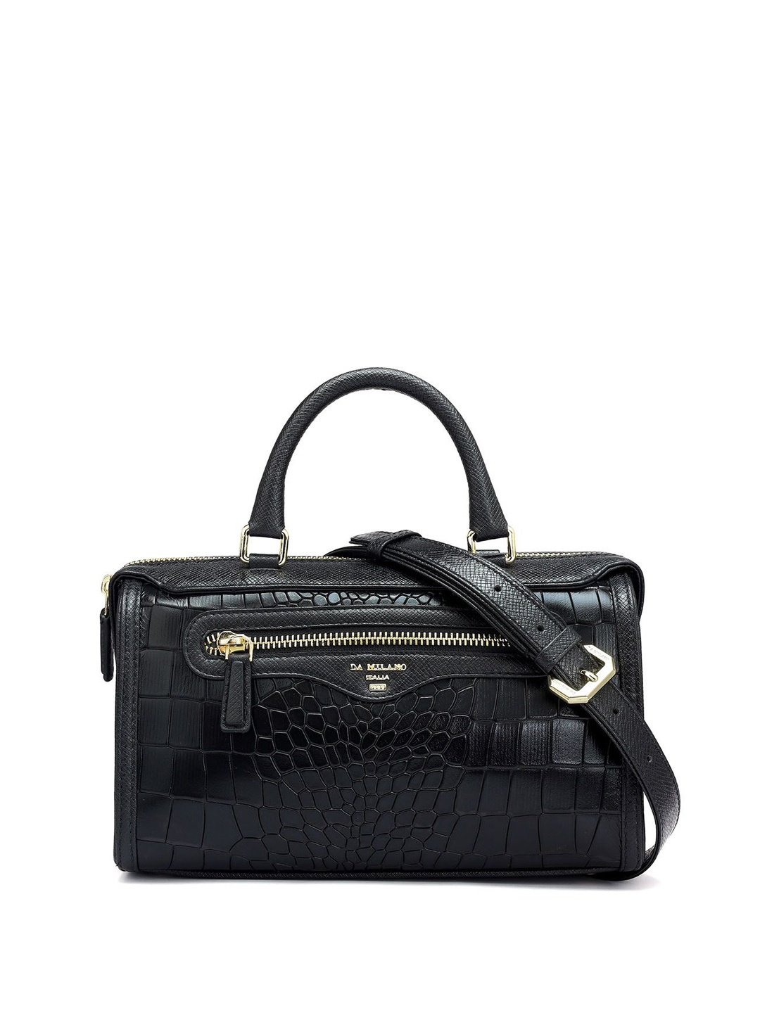 

Da Milano Animal Textured Leather Bowling Satchel with Quilted, Black