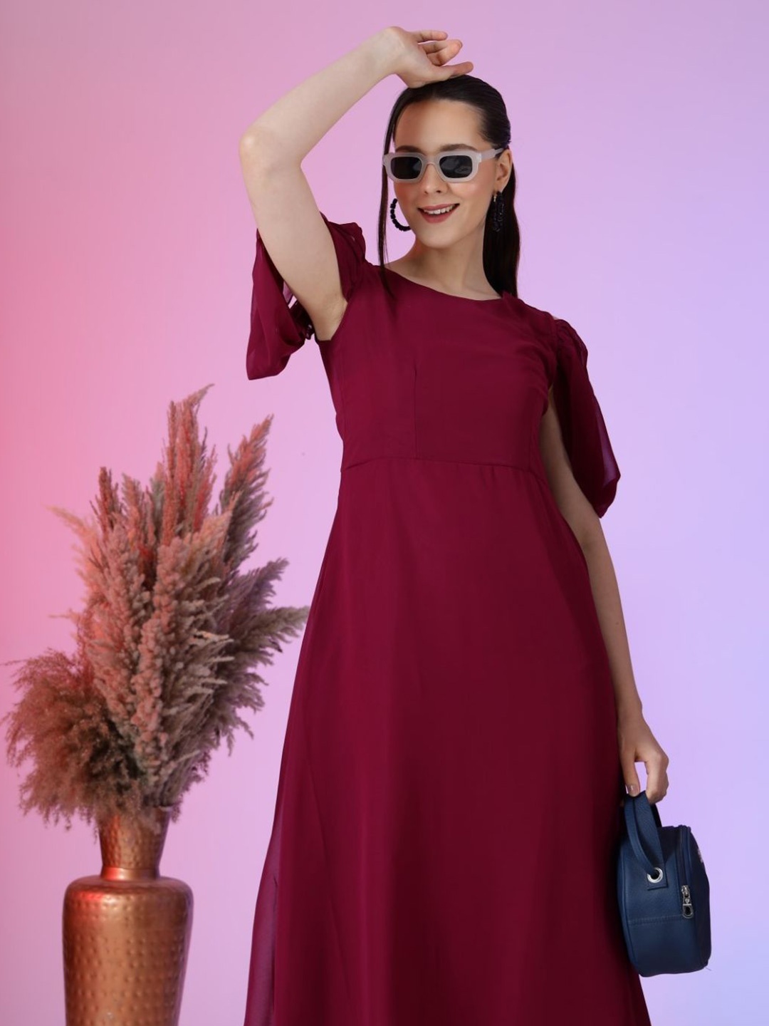 

Raiyani Enterprise Women Cold-Shoulder Sleeves Fit & Flare Maxi Dress, Magenta