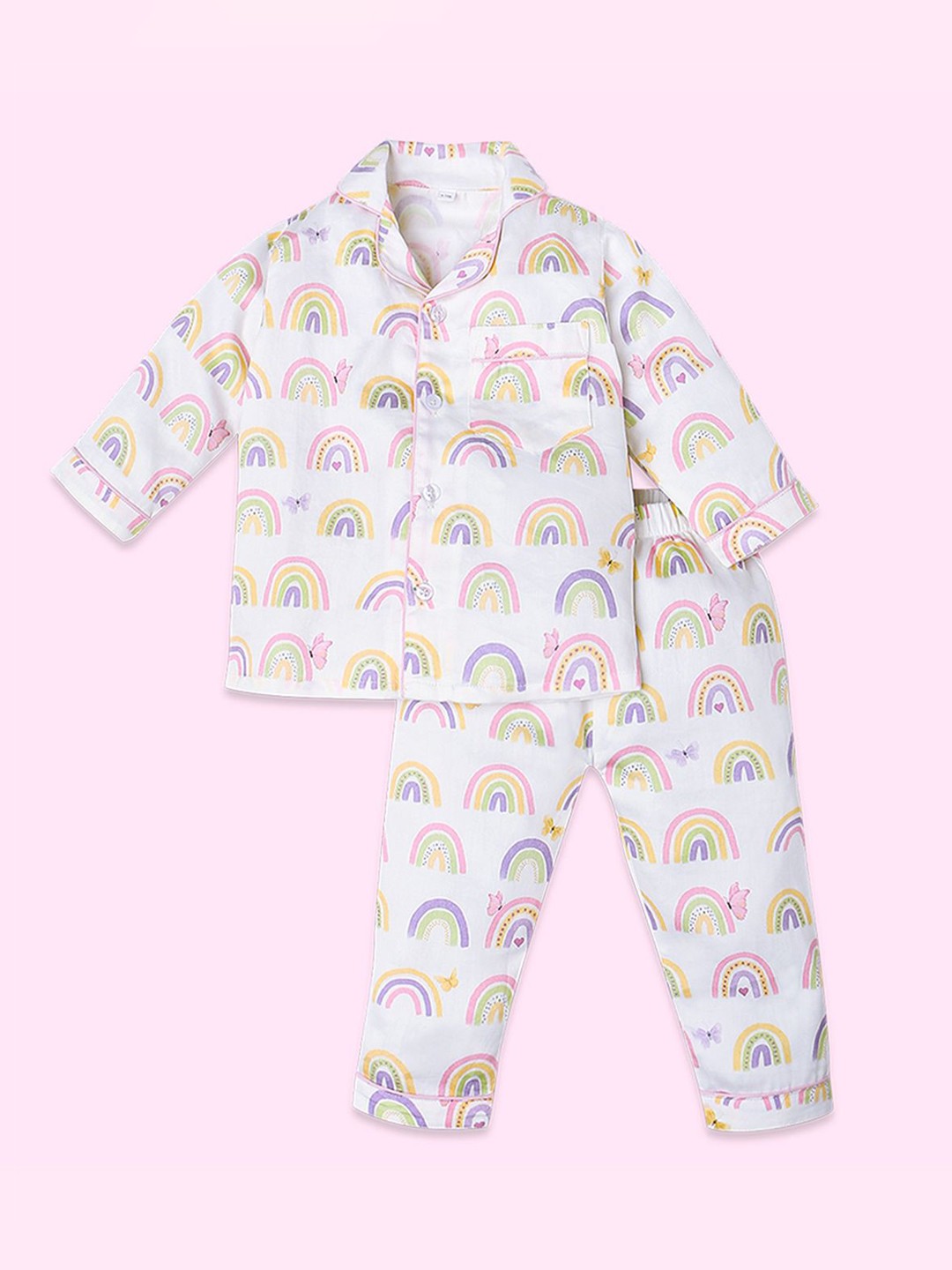 

Fancy Fluff Girls Printed Shirt & Trousers Night suit, Pink
