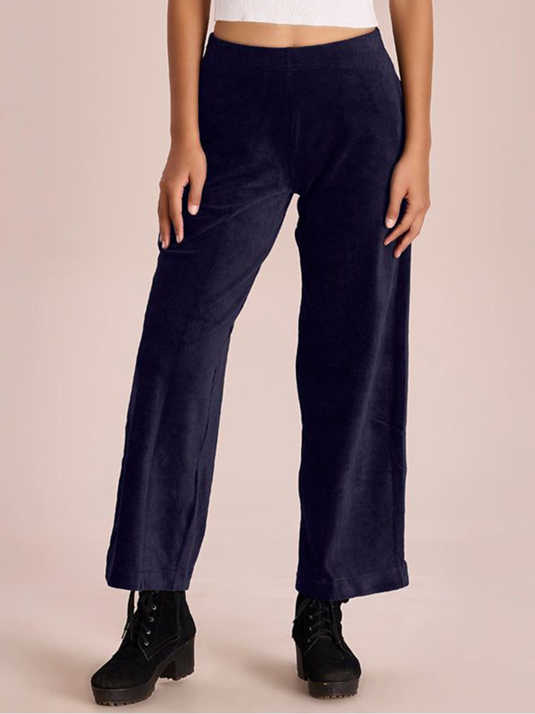 

Go Colors Women Cotton Loose Fit Mid Rise Corduory Wide Leg Trouser, Navy blue