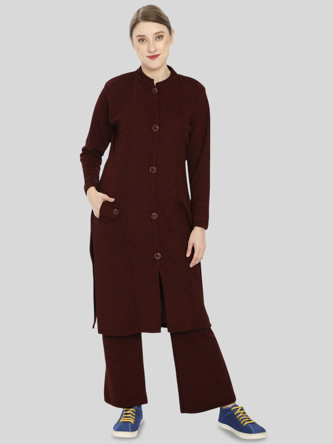 

HAUTEMODA Women Panelled Pure Wool Kurta with Trousers, Maroon