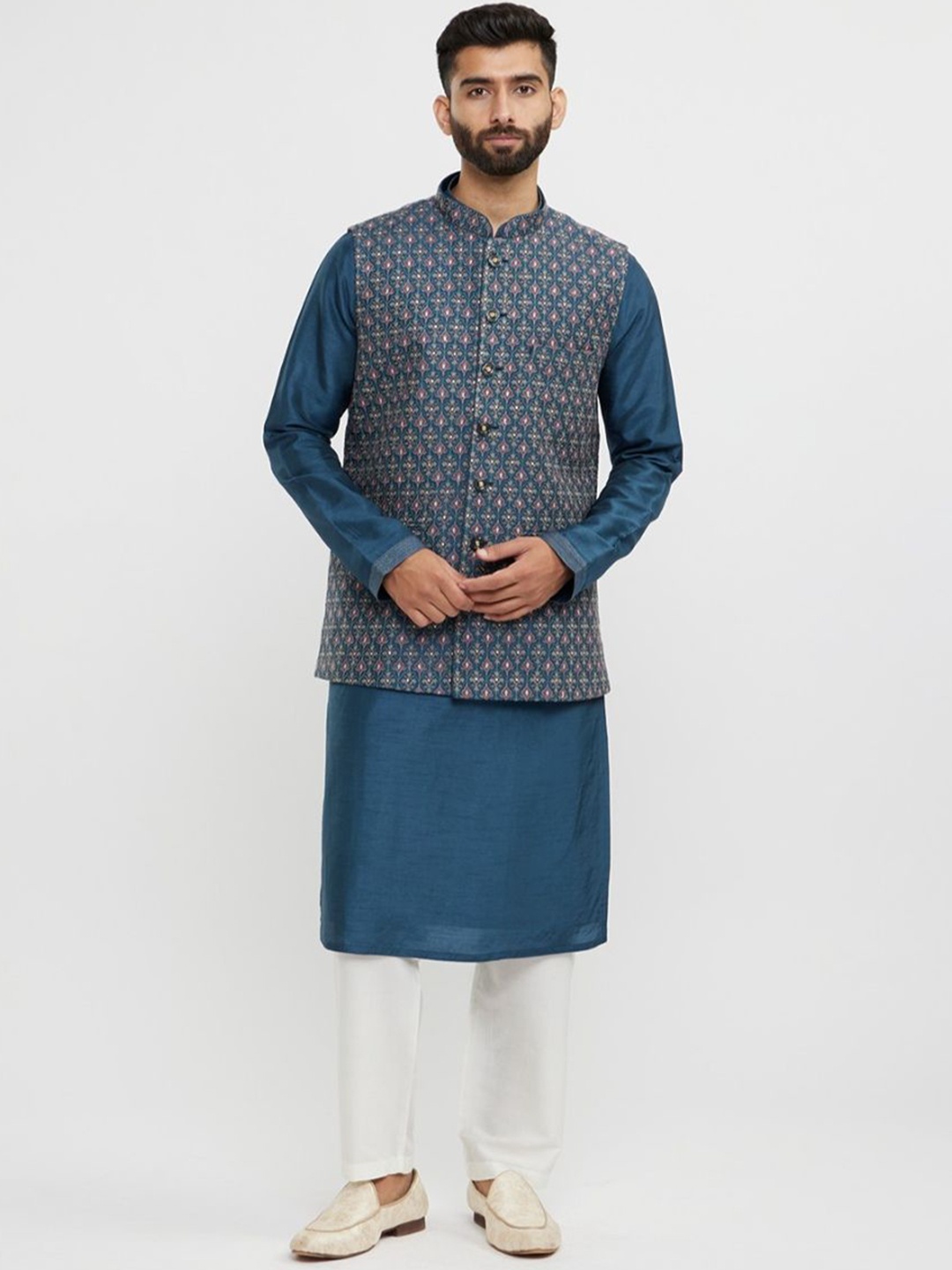 

Twamev Mandarin Collar Long Sleeves Regular Straight Kurta With Trouser With Nehru Jacket, Teal