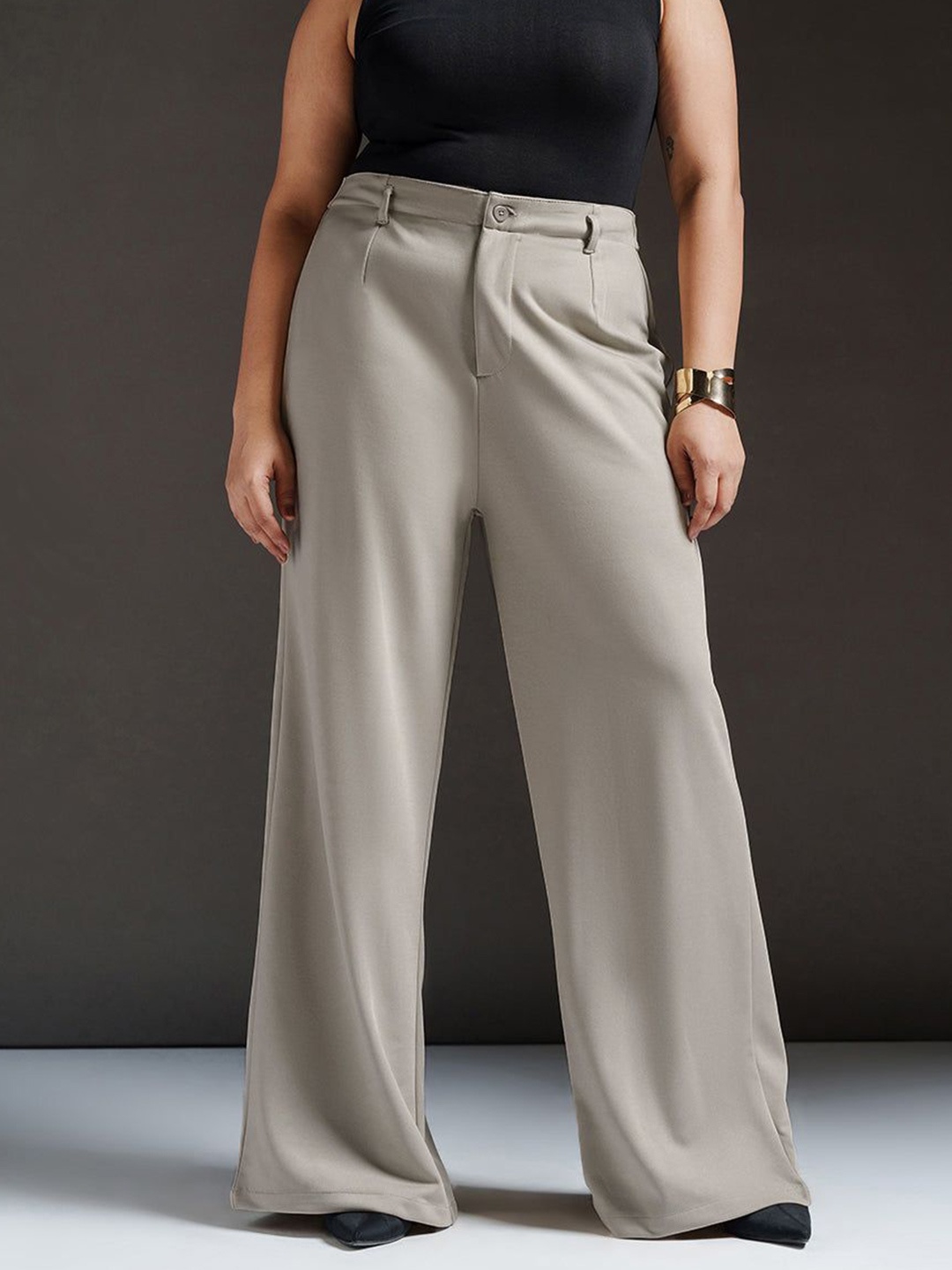 

FREAKINS Women Relaxed Straight Leg Loose Fit High-Rise Trouser, Beige