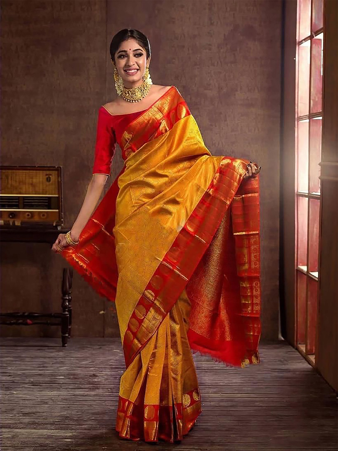 

Anouk Woven Design Zari Kanjeevaram Saree, Mustard