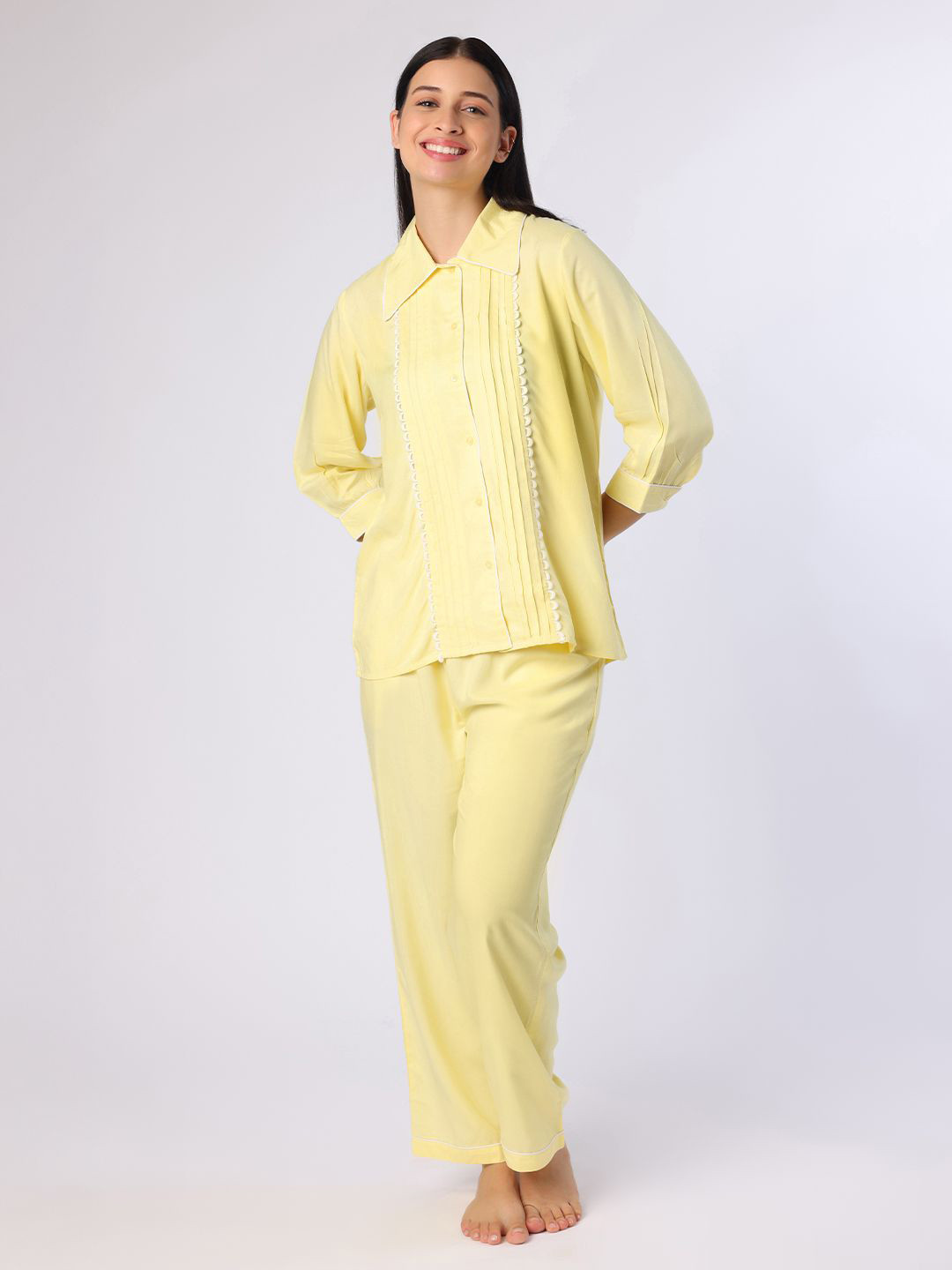 

BLANC9 Women Shirt Collar Night suit, Yellow
