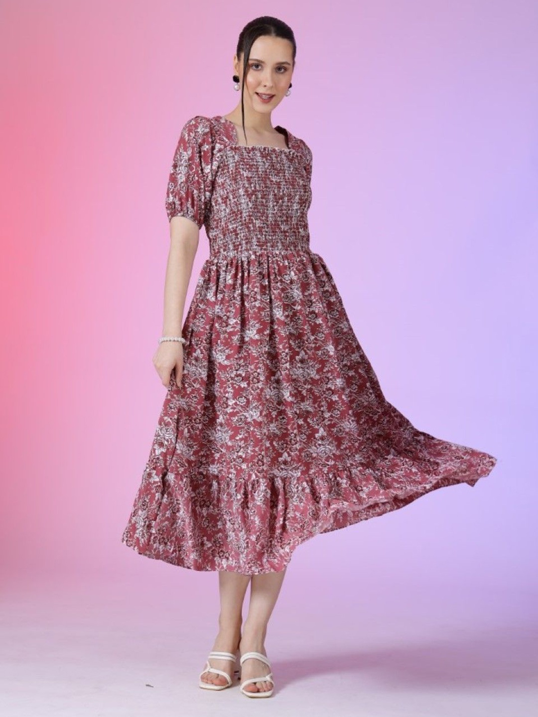 

Krunal Raiyani Floral Printed Fit & Flare Midi Dress, Pink